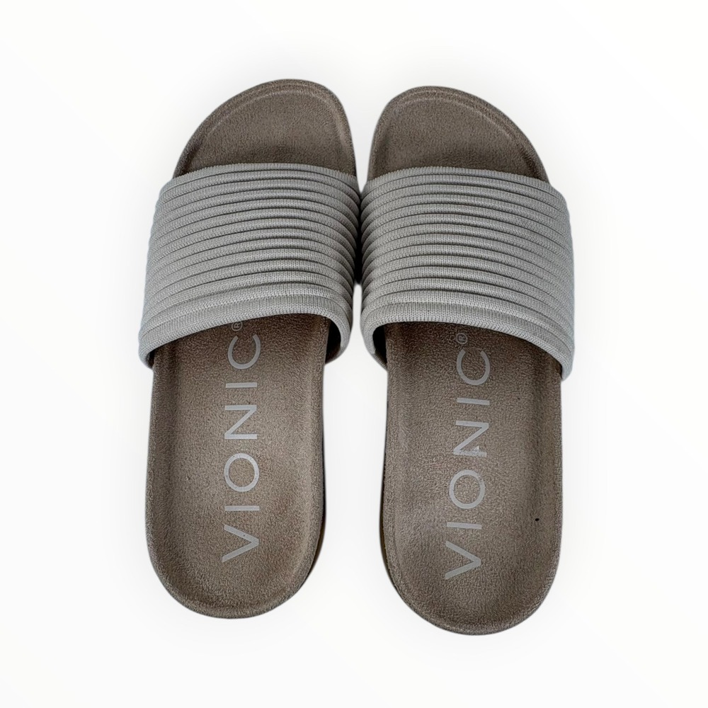Vionic Slide Sandals Womens 8 Taupe Excellent Ribbed Knit Orthotic Comfort Flat